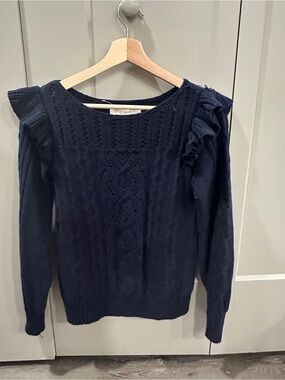 LOFT Navy Cable Knit Sweater with Ruffle Shoulders